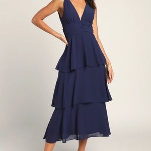 Celebration Time Navy Blue Sleeveless Tiered Midi Dress